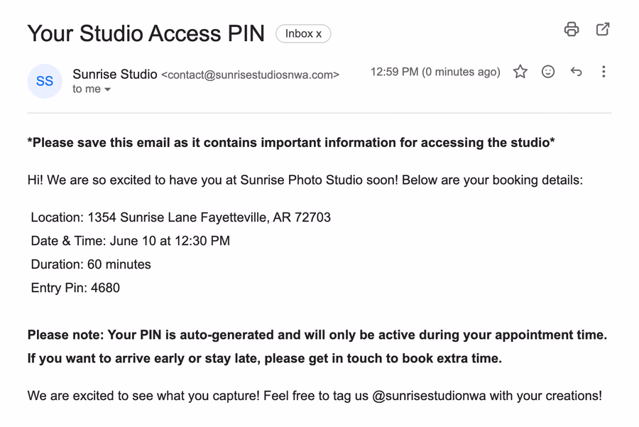 Automated studio access confirmation email showing appointment date, time, duration, and unique entry PIN