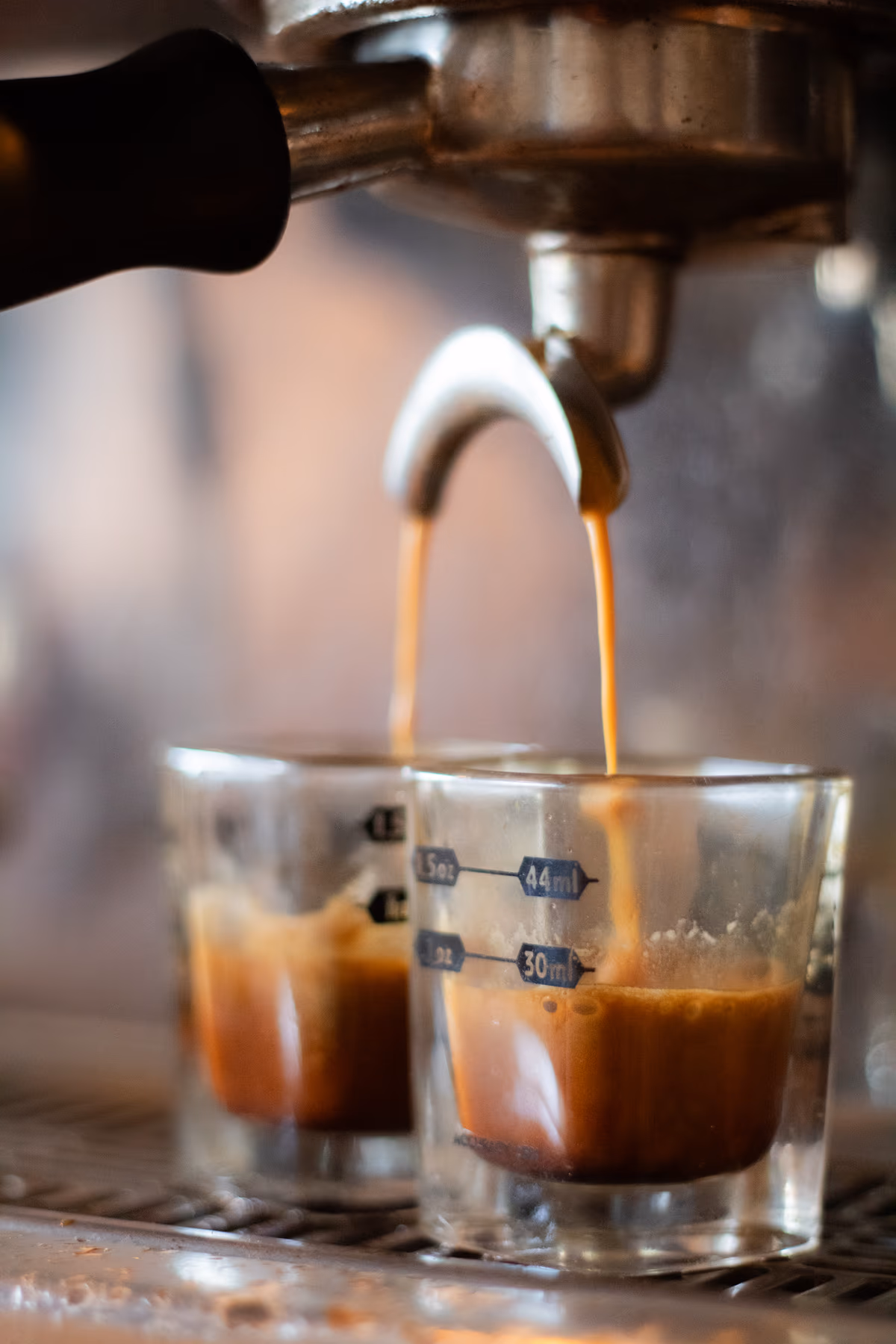 Double espresso shots pulling on the espresso machine at Old Pine Coffee Roasters