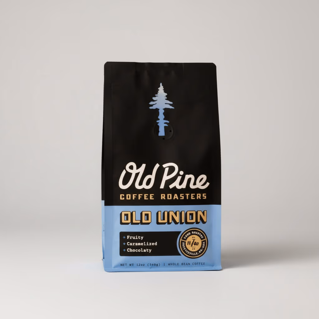 Old Pine Coffee Roasters Old Union coffee bag, black and light blue packaging with a pine tree logo