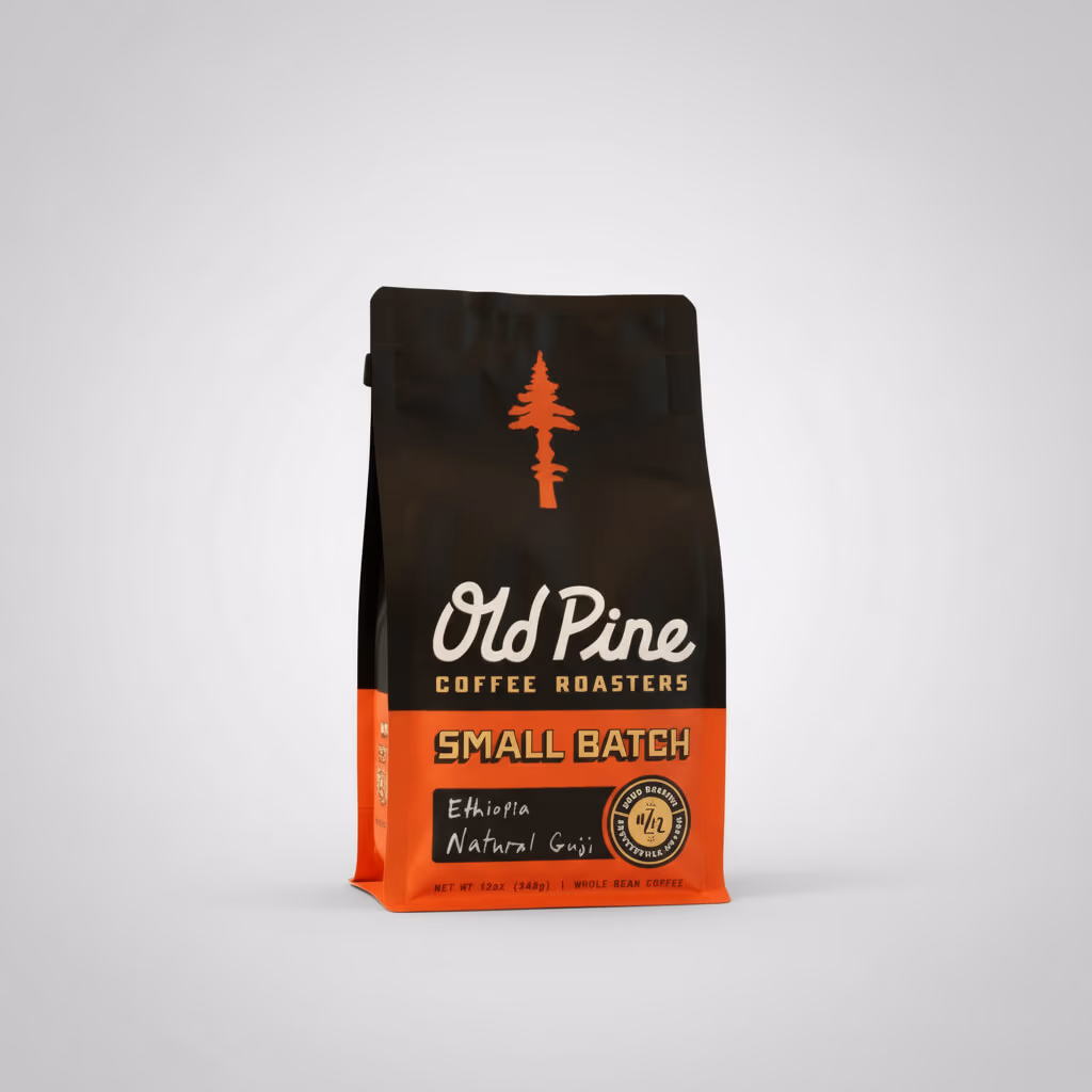 Old Pine Coffee Roasters Small Batch coffee bag, Ethiopia Natural Guji, black and orange packaging