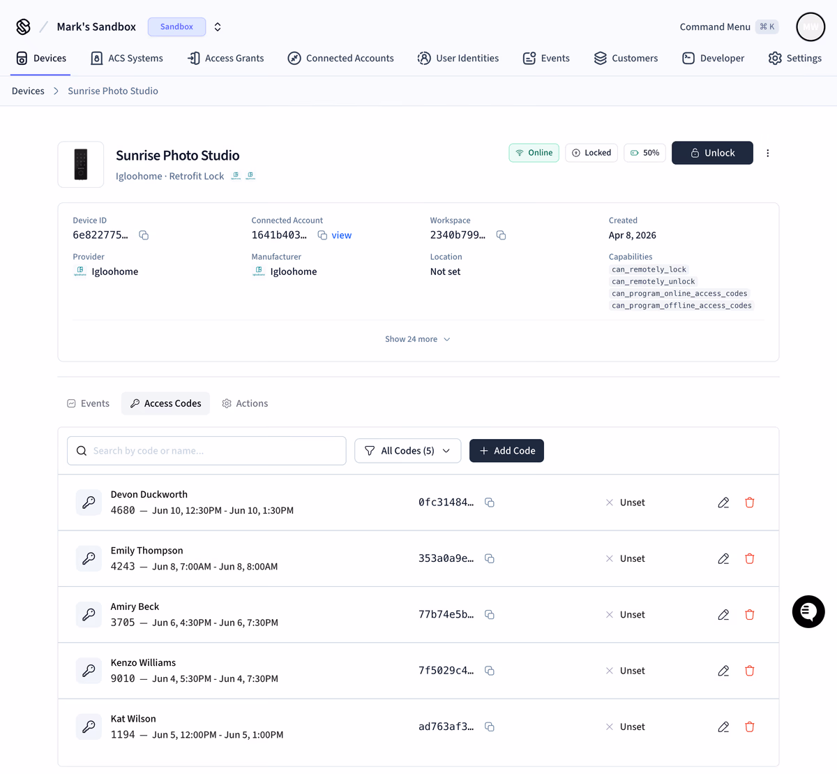 Seam API dashboard showing active and scheduled smart lock access codes for studio bookings