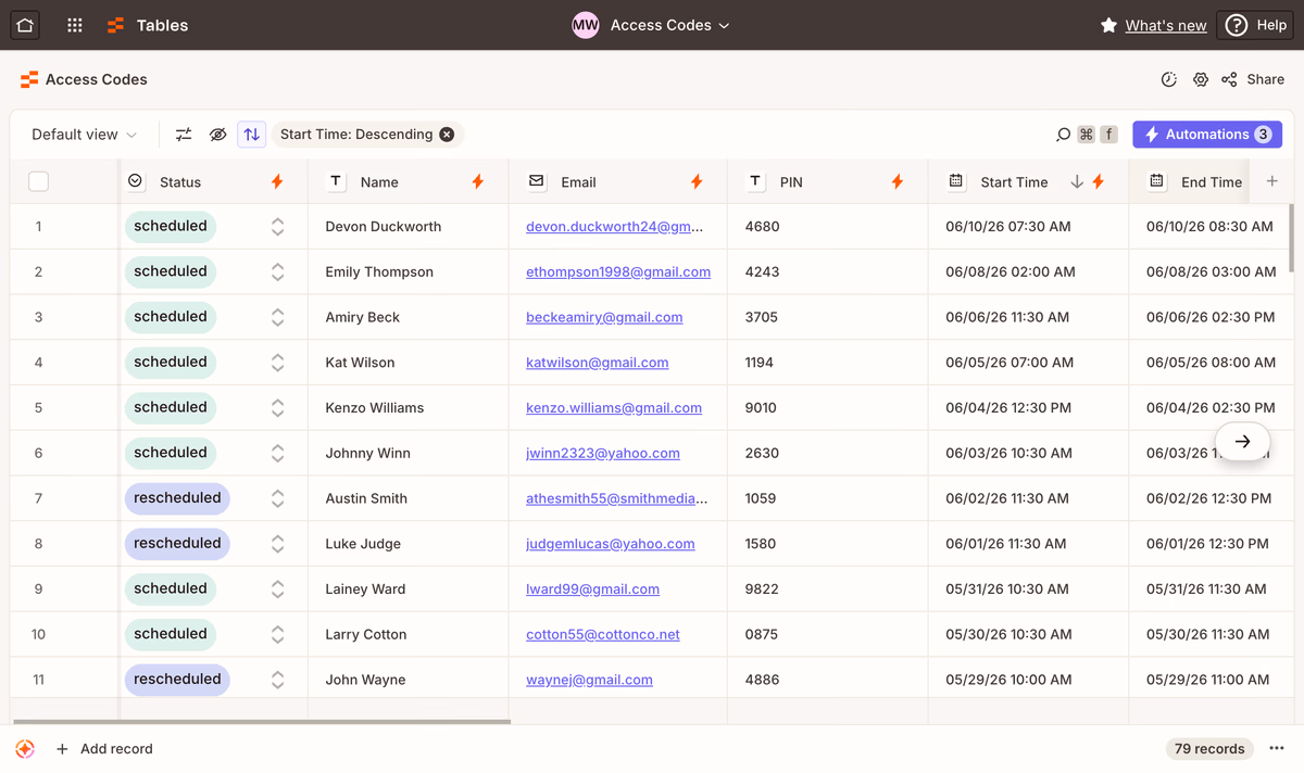 Zapier master log showing studio bookings with scheduled, rescheduled, and cancelled statuses and unique PINs